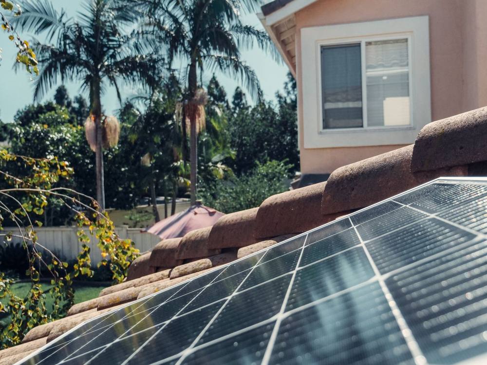 Solar panels on a tiled roof beside palm trees